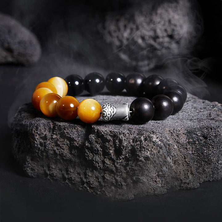 Bracelet de relaxation Buddha Stones en argent sterling 999, ébène, œil de tigre, obsidienne noire
