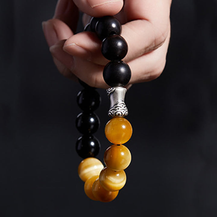 Bracelet de relaxation Buddha Stones en argent sterling 999, ébène, œil de tigre, obsidienne noire