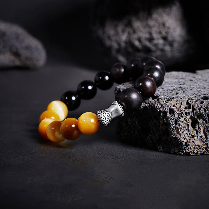 Bracelet de relaxation Buddha Stones en argent sterling 999, ébène, œil de tigre, obsidienne noire