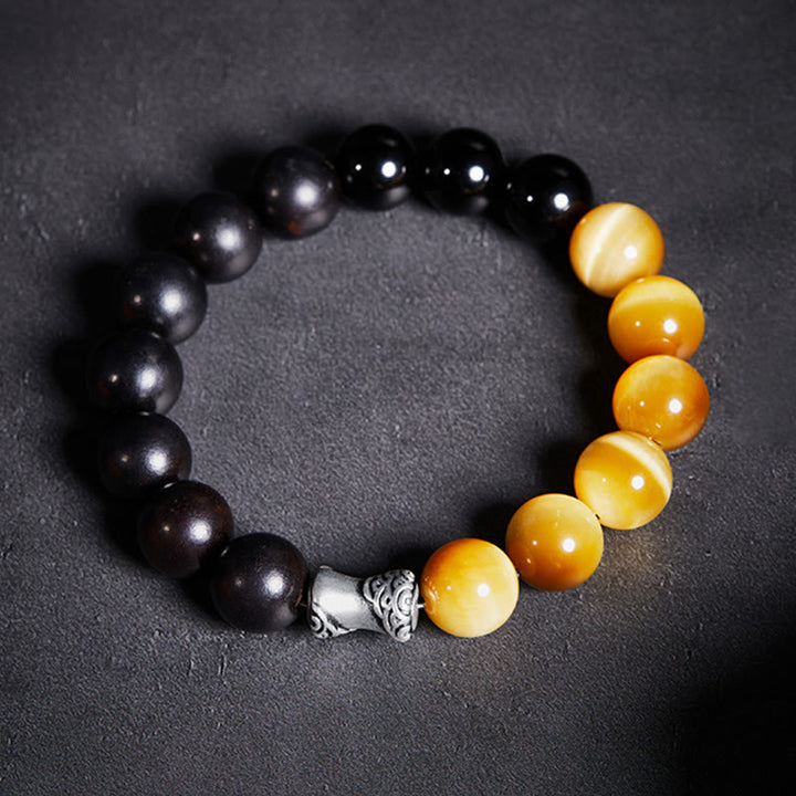 Bracelet de relaxation Buddha Stones en argent sterling 999, ébène, œil de tigre, obsidienne noire