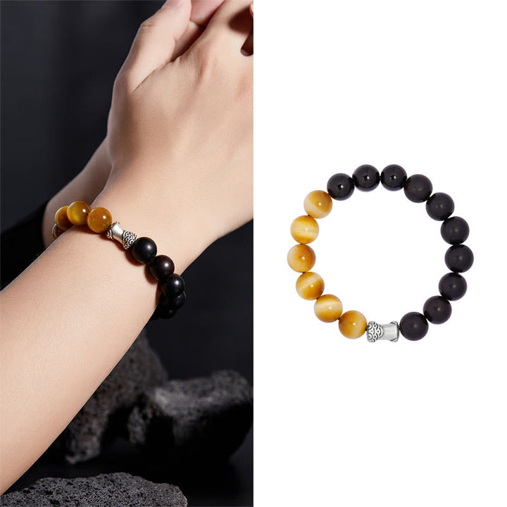 Bracelet de relaxation Buddha Stones en argent sterling 999, ébène, œil de tigre, obsidienne noire