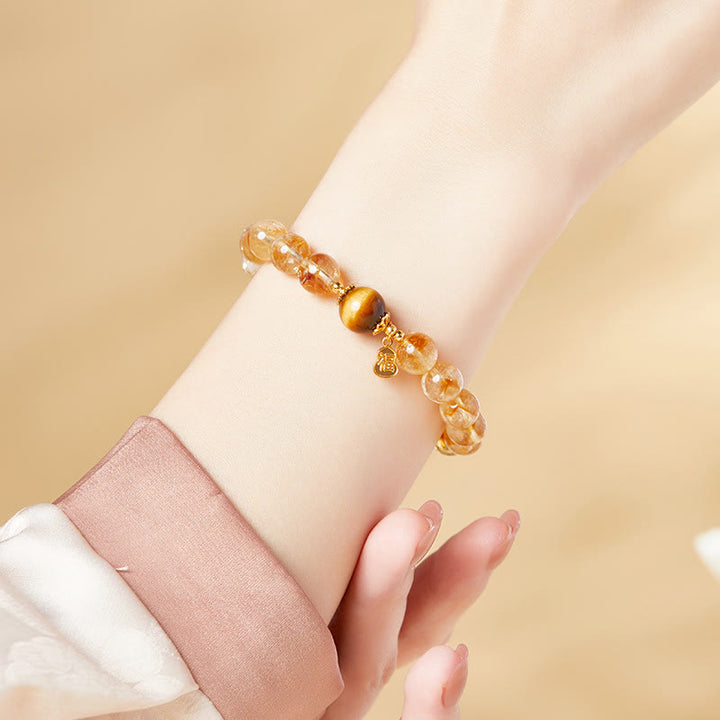Bracelet de prospérité en argent sterling 925 avec Buddha Stones et gourde Fu, citrine et œil de tigre