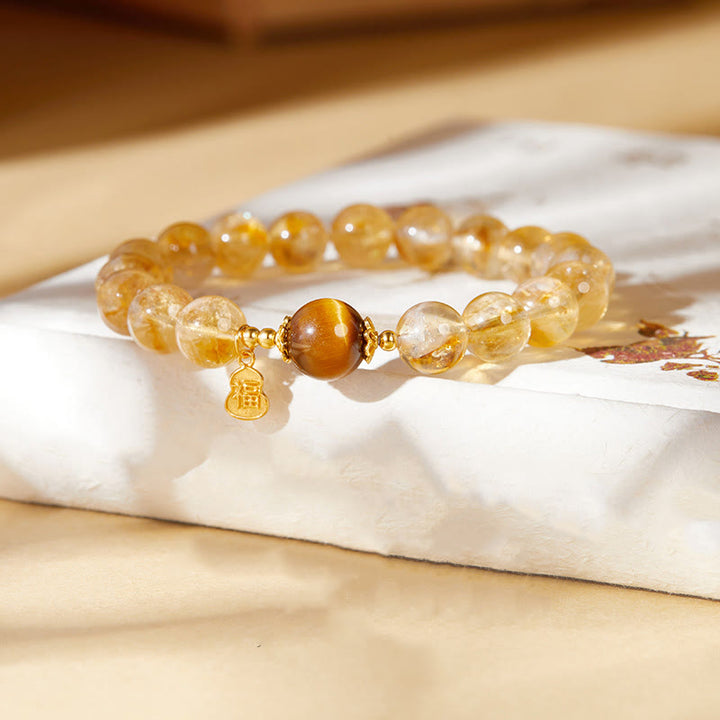 Bracelet de prospérité en argent sterling 925 avec Buddha Stones et gourde Fu, citrine et œil de tigre