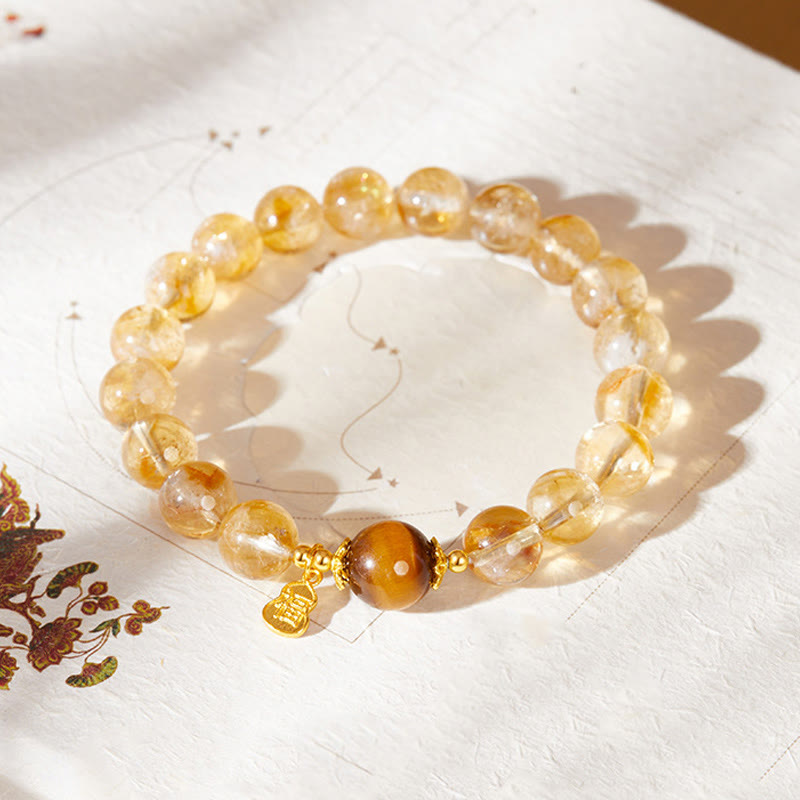 Bracelet de prospérité en argent sterling 925 avec Buddha Stones et gourde Fu, citrine et œil de tigre