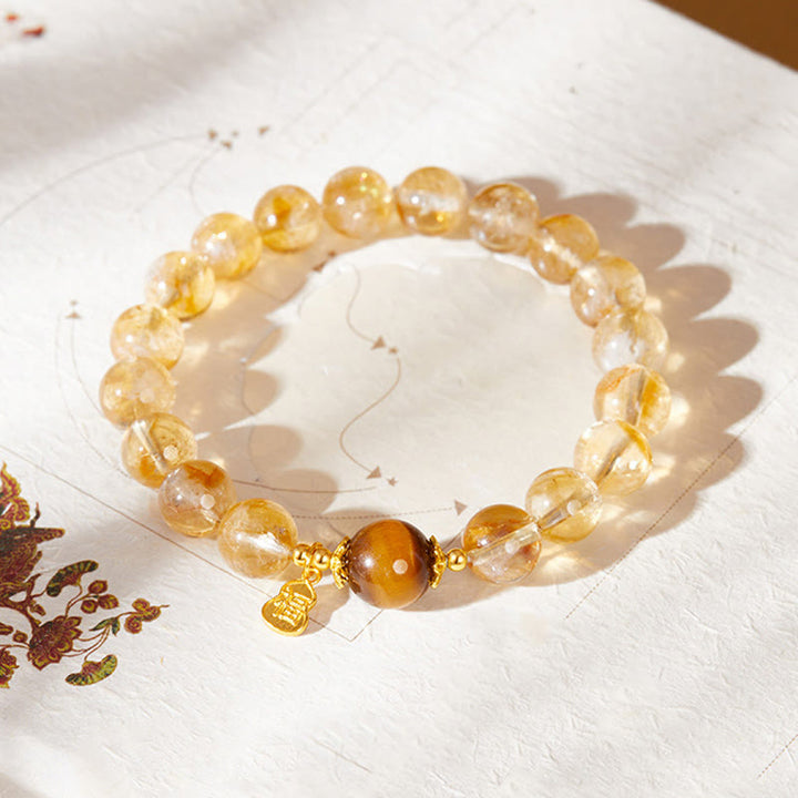 Bracelet de prospérité en argent sterling 925 avec Buddha Stones et gourde Fu, citrine et œil de tigre