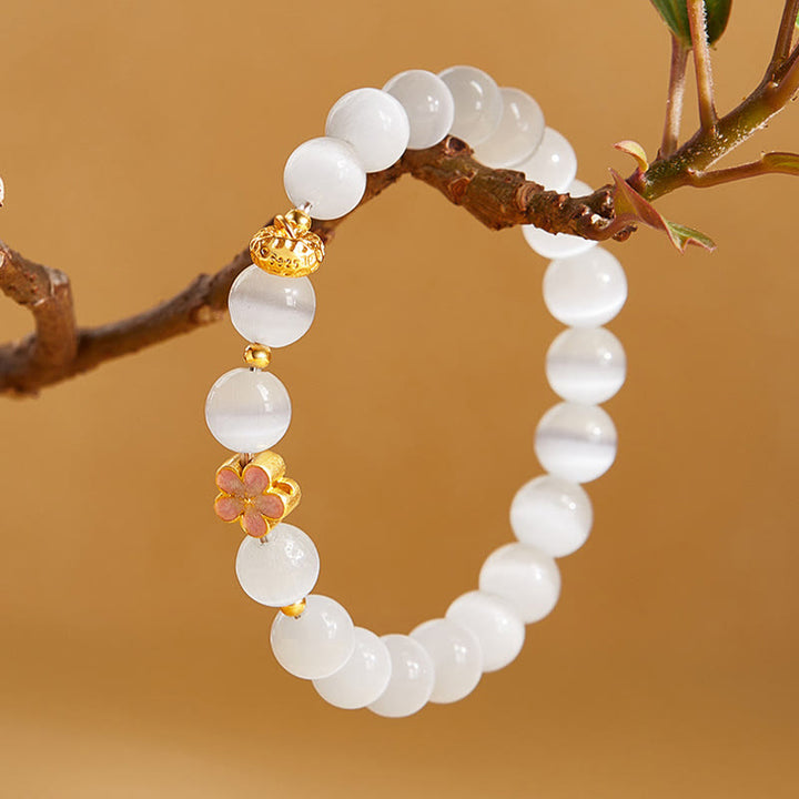 Bracelet œil de chat blanc en argent sterling 925 avec Buddha Stones et fleur de pêcher naturelle