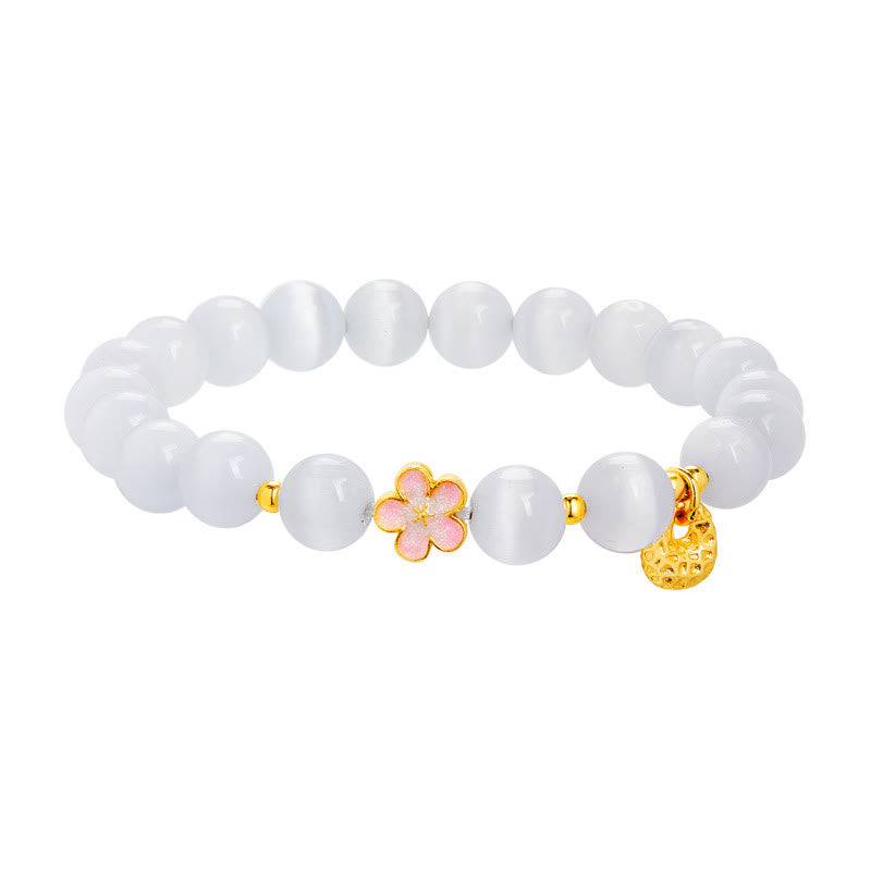 Bracelet œil de chat blanc en argent sterling 925 avec Buddha Stones et fleur de pêcher naturelle