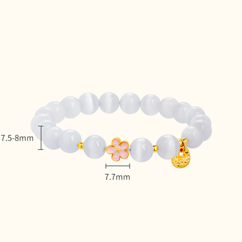 Bracelet œil de chat blanc en argent sterling 925 avec Buddha Stones et fleur de pêcher naturelle