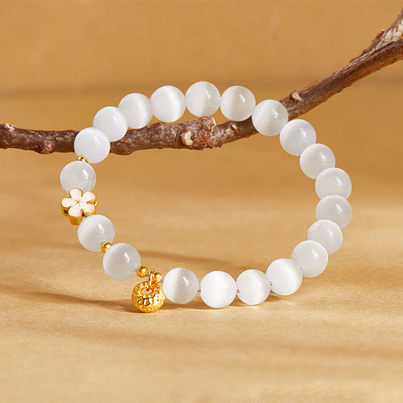 Bracelet œil de chat blanc en argent sterling 925 avec Buddha Stones et fleur de pêcher naturelle