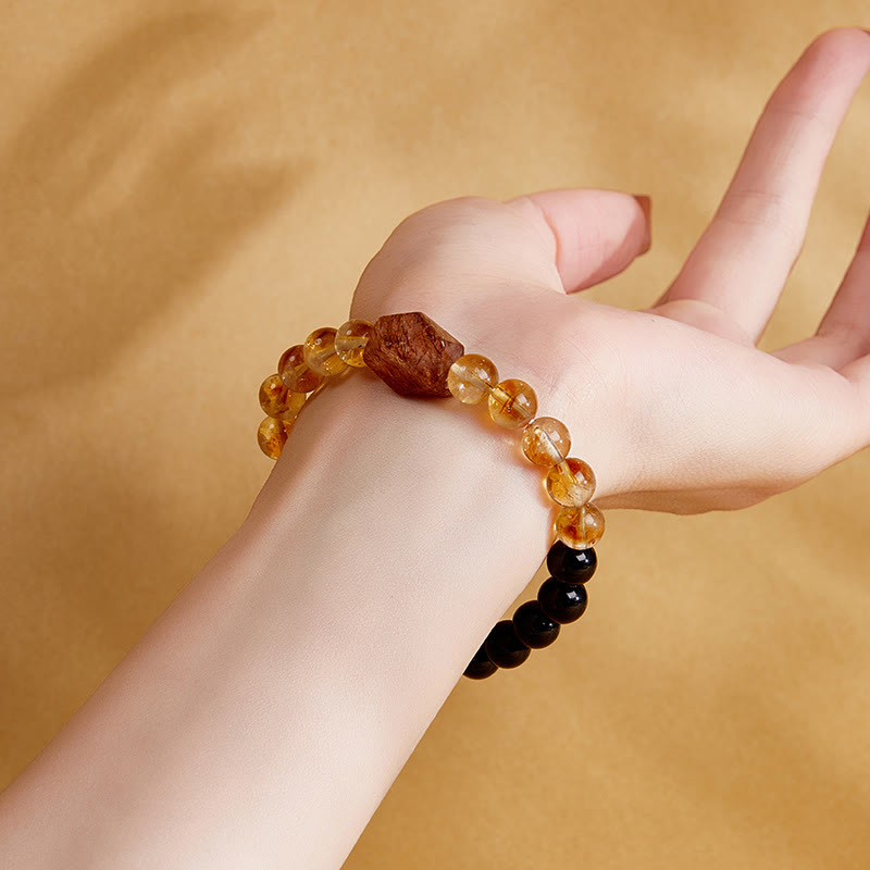 Bracelet en Buddha Stones en obsidienne noire naturelle et citrine Super Seven Crystal Strength