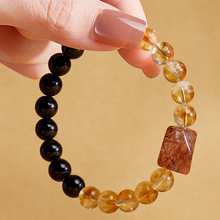 Bracelet en Buddha Stones en obsidienne noire naturelle et citrine Super Seven Crystal Strength
