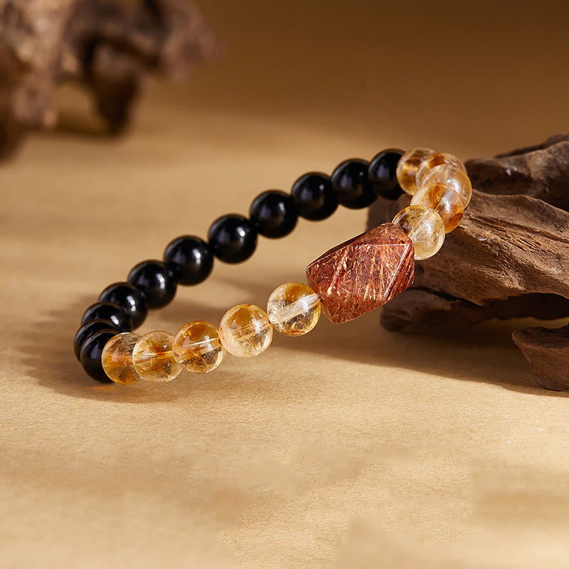 Bracelet en Buddha Stones en obsidienne noire naturelle et citrine Super Seven Crystal Strength