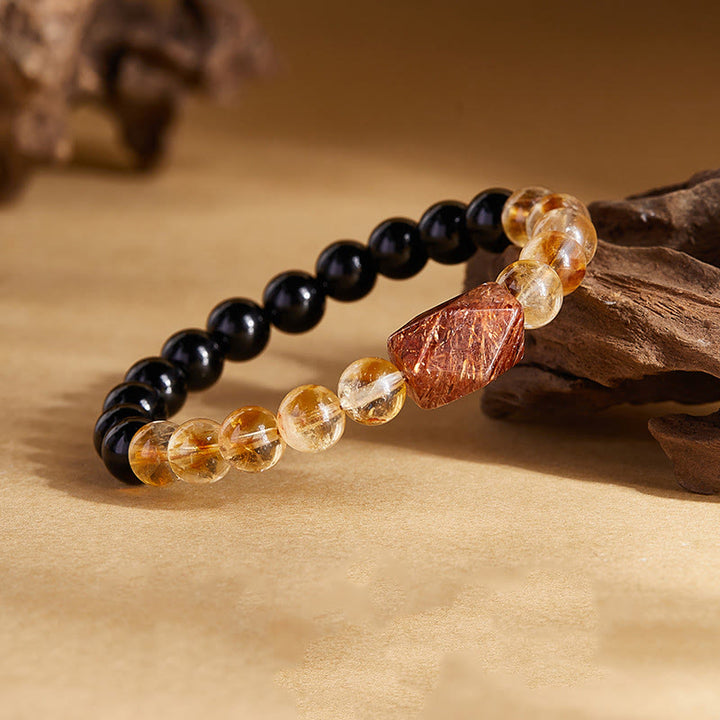 Bracelet en Buddha Stones en obsidienne noire naturelle et citrine Super Seven Crystal Strength