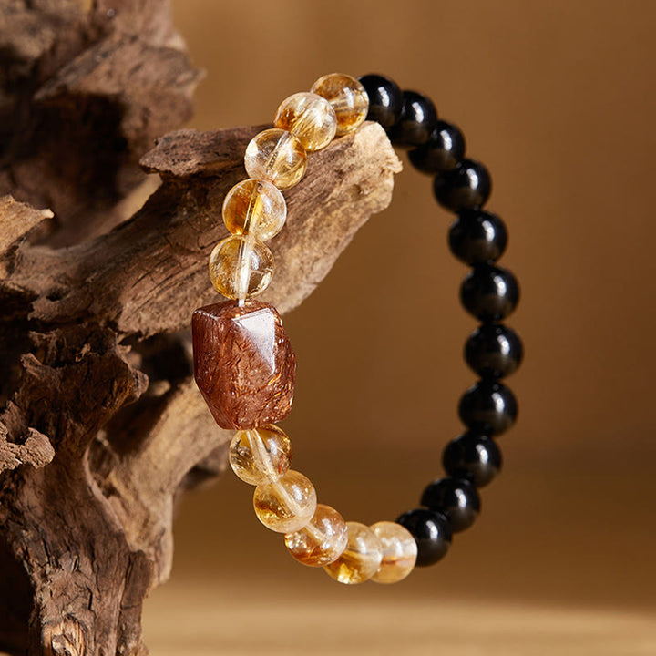 Bracelet en Buddha Stones en obsidienne noire naturelle et citrine Super Seven Crystal Strength