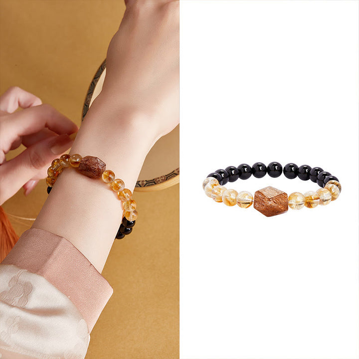 Bracelet en Buddha Stones en obsidienne noire naturelle et citrine Super Seven Crystal Strength
