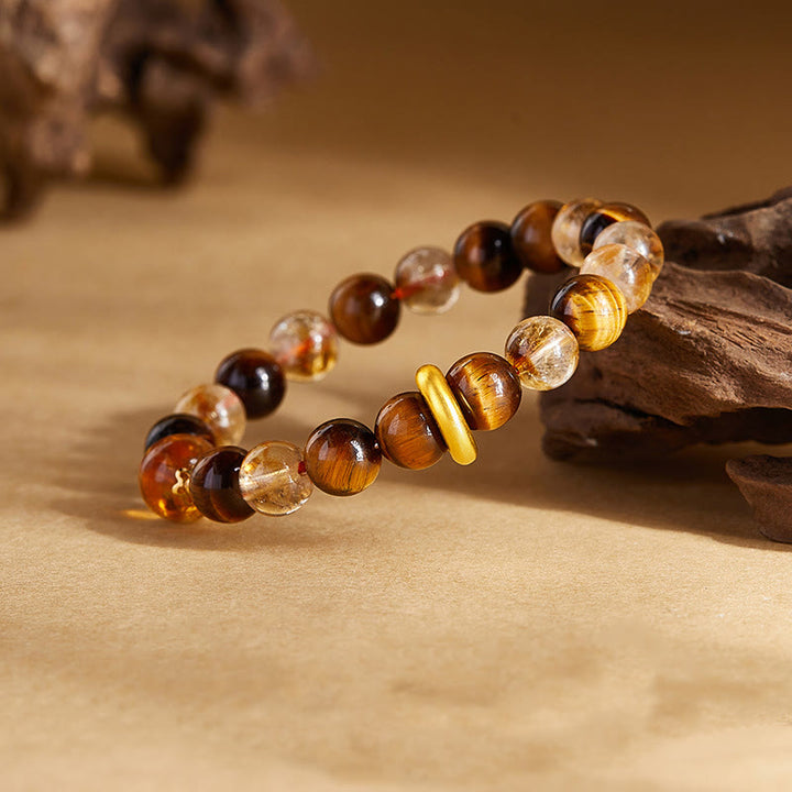 Bracelet de protection en argent Buddha Stones 999 avec citrine naturelle et œil de tigre