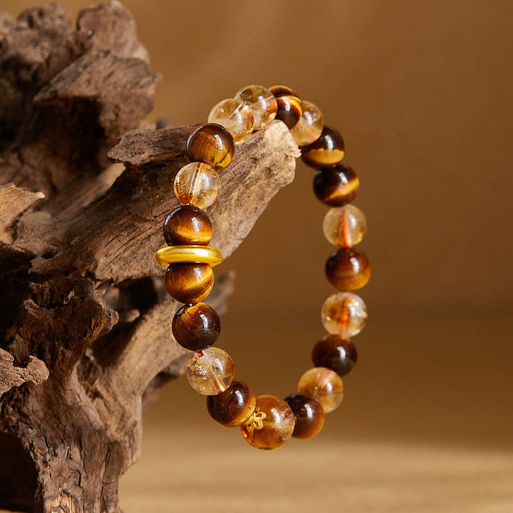 Bracelet de protection en argent Buddha Stones 999 avec citrine naturelle et œil de tigre