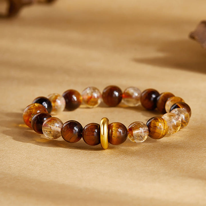 Bracelet de protection en argent Buddha Stones 999 avec citrine naturelle et œil de tigre