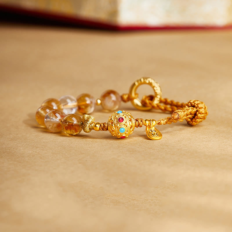Bracelet tressé en argent sterling 925 avec Buddha Stones et cristal blanc, symbole de la paix, symbole Fu - Citrine (Tour de poignet : 14-18 cm) - image 0