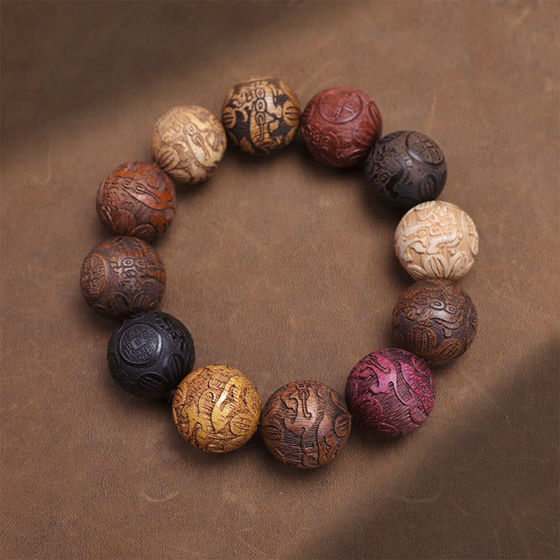 Bracelet de guérison en bois de santal sculpté avec Buddha Stones et symbole du zodiaque chinois, dragon, phénix, caractère Fu
