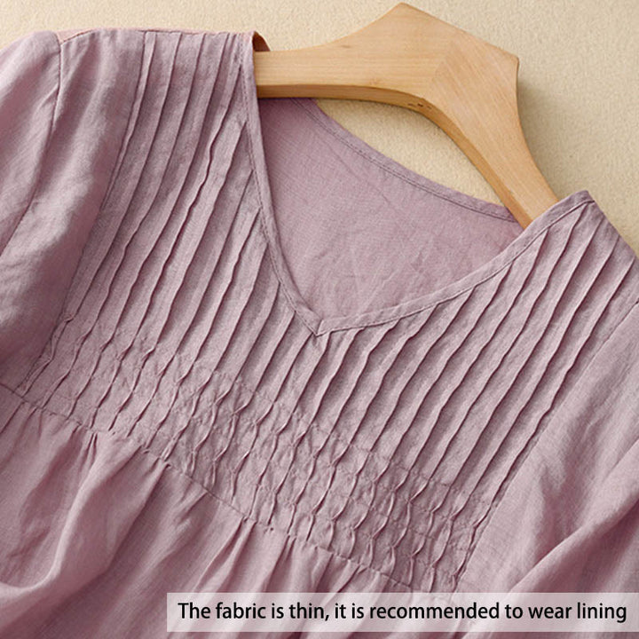 Chemise à manches courtes et col en V pour femme, style décontracté uni, Buddha Stones - image 2