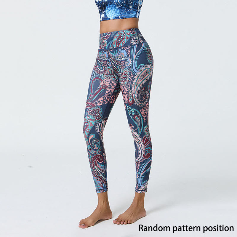 Buddha Stones Fleurs Plumes Soleil Lune Imprimé Sports Fitness Yoga Taille Haute Leggings Pantalons Femme