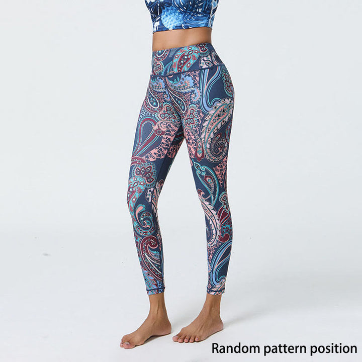 Buddha Stones Fleurs Plumes Soleil Lune Imprimé Sports Fitness Yoga Taille Haute Leggings Pantalons Femme