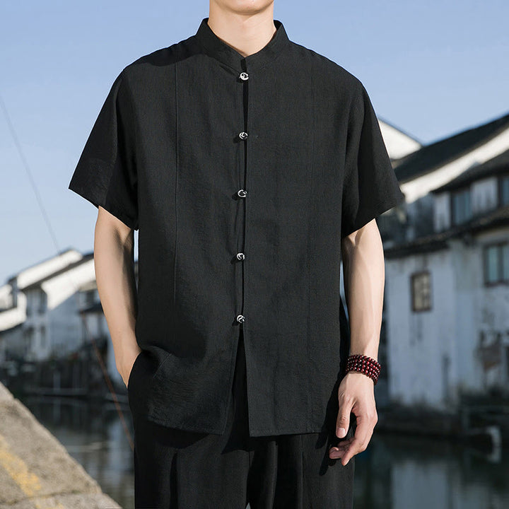 Chemise d'été en coton à manches mi-longues pour homme, couleur unie, avec boutons sur le devant, motif Buddha Stones - Noir - US/UK/AU42，EU52 (3XL) - image 12