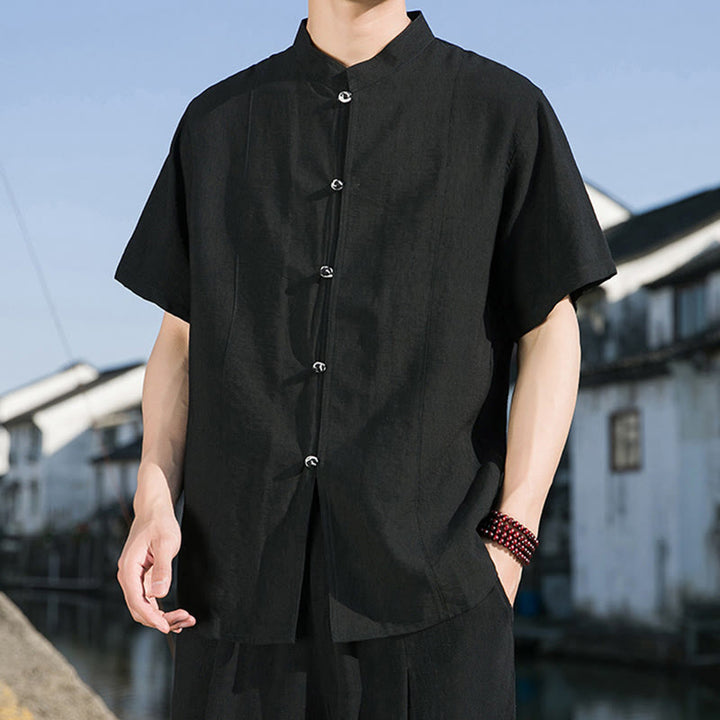 Chemise d'été en coton à manches mi-longues pour homme, couleur unie, avec boutons sur le devant, motif Buddha Stones