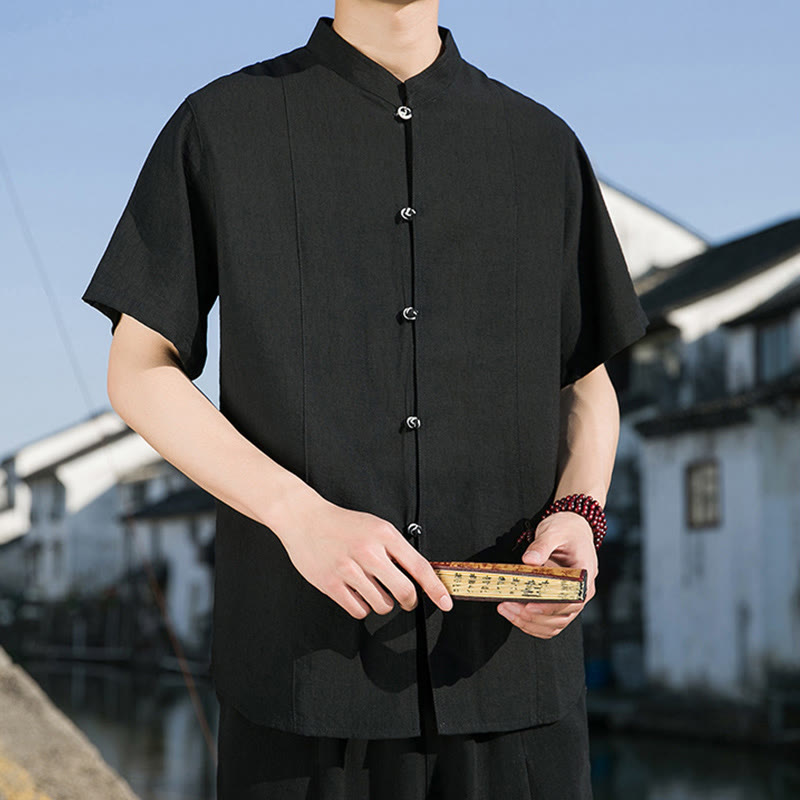 Chemise d'été en coton à manches mi-longues pour homme, couleur unie, avec boutons sur le devant, motif Buddha Stones