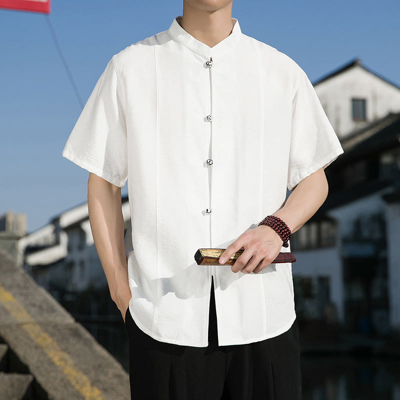 Chemise d'été en coton à manches mi-longues pour homme, couleur unie, avec boutons sur le devant, motif Buddha Stones - Blanc - US/UK/AU42，EU52 (3XL) - image 0