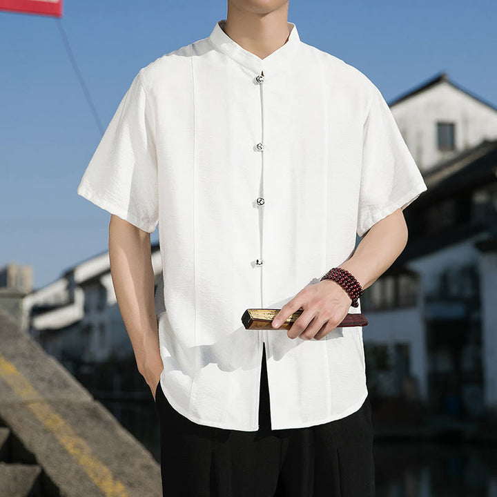 Chemise d'été en coton à manches mi-longues pour homme, couleur unie, avec boutons sur le devant, motif Buddha Stones - Blanc - US/UK/AU42，EU52 (3XL) - image 0