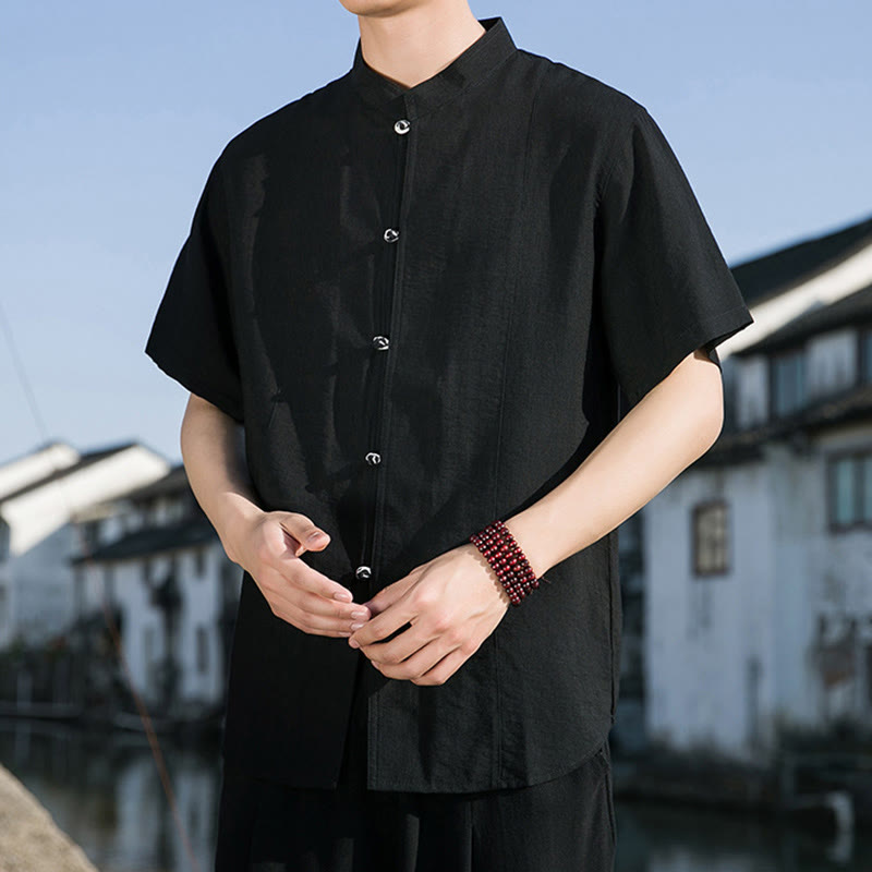 Chemise d'été en coton à manches mi-longues pour homme, couleur unie, avec boutons sur le devant, motif Buddha Stones