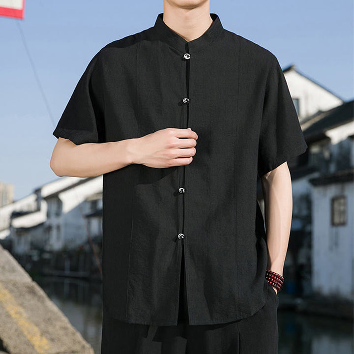 Chemise d'été en coton à manches mi-longues pour homme, couleur unie, avec boutons sur le devant, motif Buddha Stones