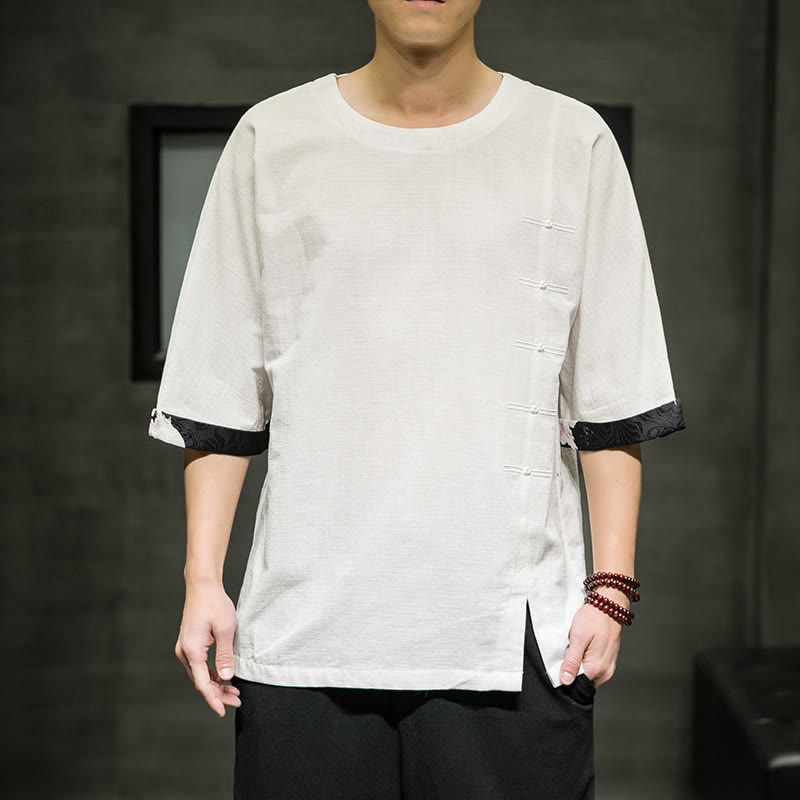 T-shirt d'été à manches trois-quarts en coton et lin pour homme, motif patchwork de couleur unie et rétro, motif Buddha Stones