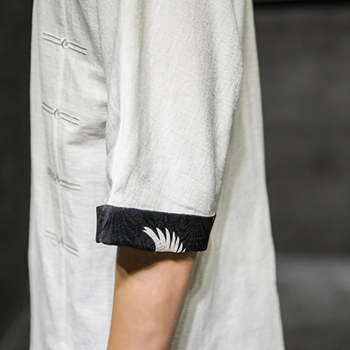 T-shirt d'été à manches trois-quarts en coton et lin pour homme, motif patchwork de couleur unie et rétro, motif Buddha Stones - image 30