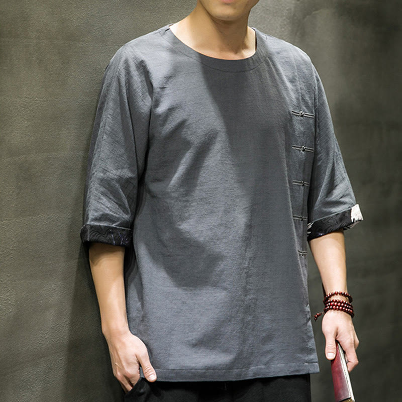 T-shirt d'été à manches trois-quarts en coton et lin pour homme, motif patchwork de couleur unie et rétro, motif Buddha Stones - image 19