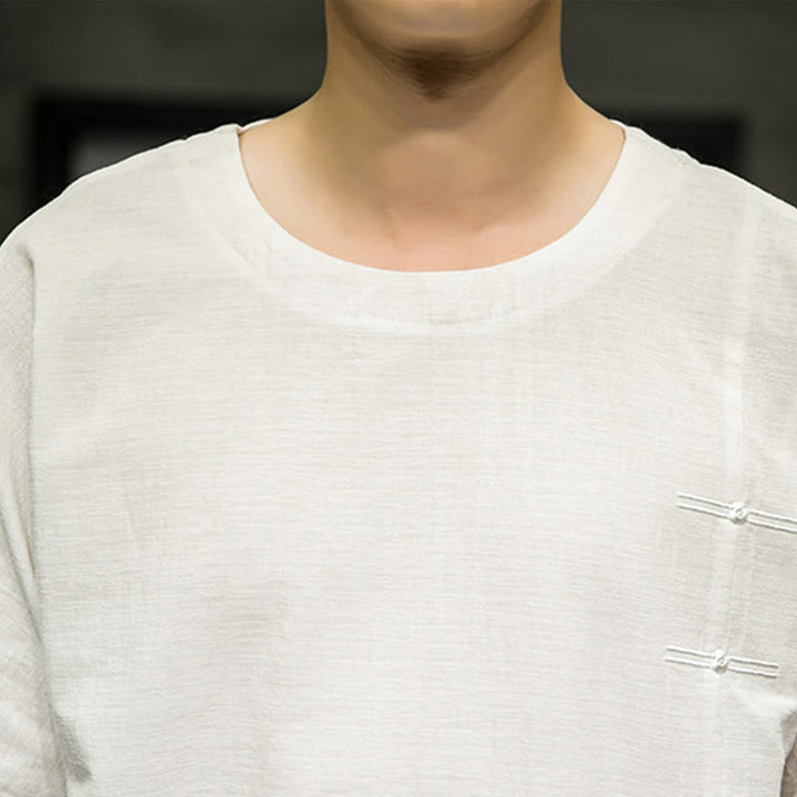 T-shirt d'été à manches trois-quarts en coton et lin pour homme, motif patchwork de couleur unie et rétro, motif Buddha Stones - image 28