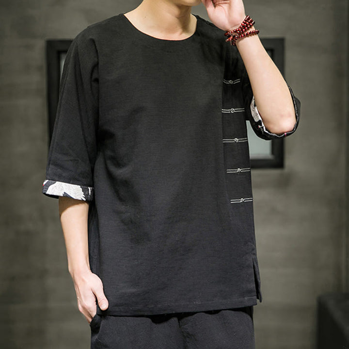 T-shirt d'été à manches trois-quarts en coton et lin pour homme, motif patchwork de couleur unie et rétro, motif Buddha Stones - Noir - US/UK/AU46，EU56 (5XL) - image 0