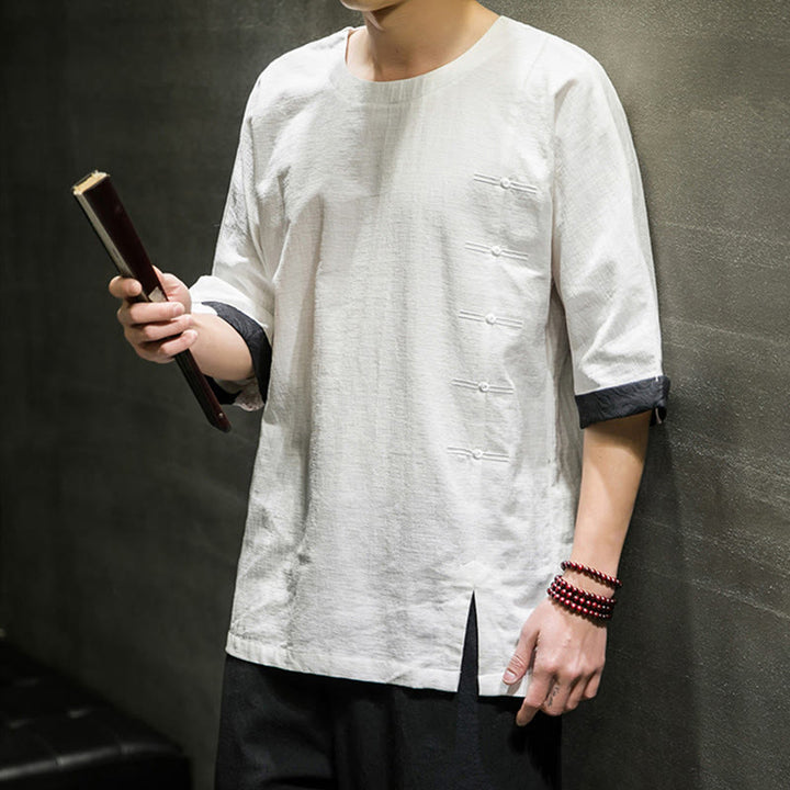 T-shirt d'été à manches trois-quarts en coton et lin pour homme, motif patchwork de couleur unie et rétro, motif Buddha Stones - image 26