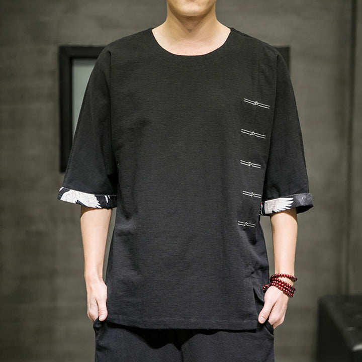 T-shirt d'été à manches trois-quarts en coton et lin pour homme, motif patchwork de couleur unie et rétro, motif Buddha Stones