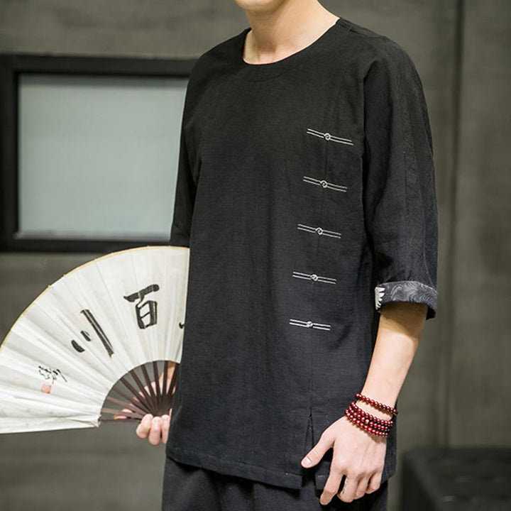 T-shirt d'été à manches trois-quarts en coton et lin pour homme, motif patchwork de couleur unie et rétro, motif Buddha Stones - image 4