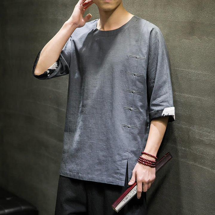 T-shirt d'été à manches trois-quarts en coton et lin pour homme, motif patchwork de couleur unie et rétro, motif Buddha Stones - image 18