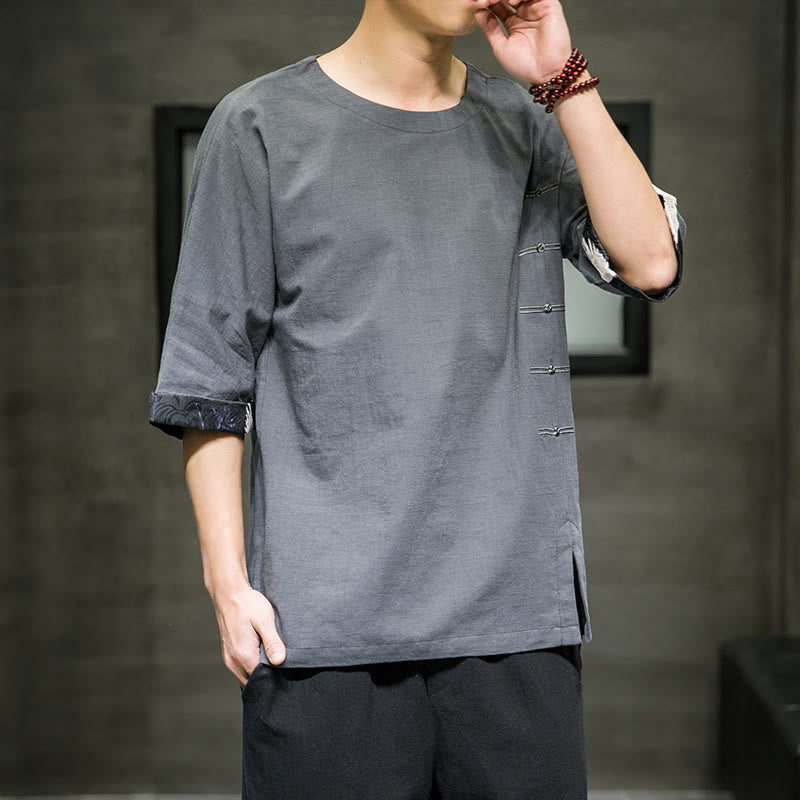 T-shirt d'été à manches trois-quarts en coton et lin pour homme, motif patchwork de couleur unie et rétro, motif Buddha Stones - image 17