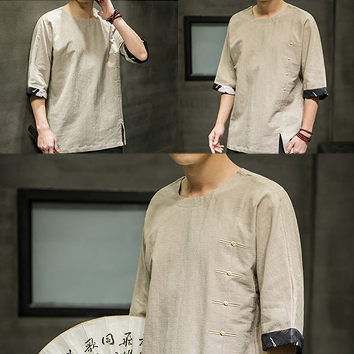 T-shirt d'été à manches trois-quarts en coton et lin pour homme, motif patchwork de couleur unie et rétro, motif Buddha Stones