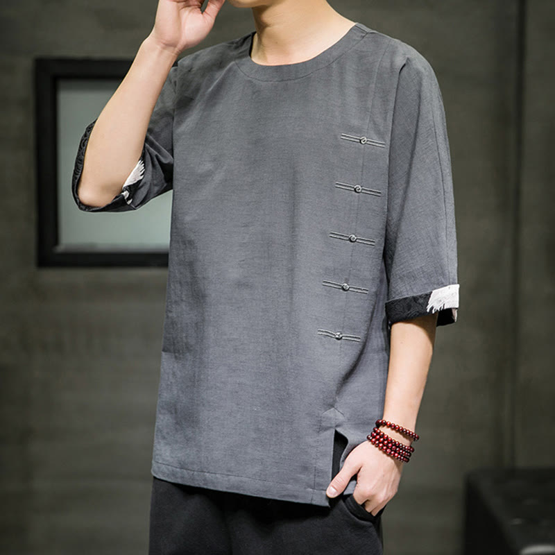 T-shirt d'été à manches trois-quarts en coton et lin pour homme, motif patchwork de couleur unie et rétro, motif Buddha Stones - image 21