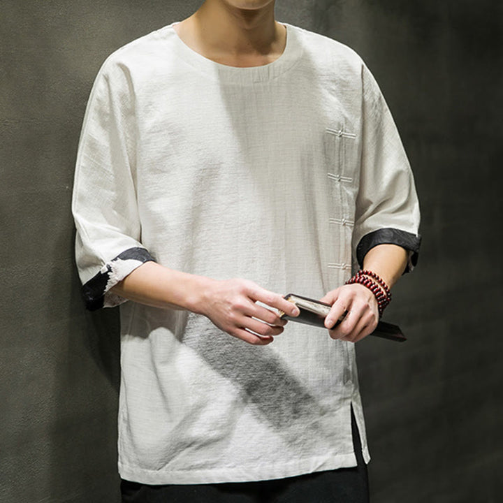 T-shirt d'été à manches trois-quarts en coton et lin pour homme, motif patchwork de couleur unie et rétro, motif Buddha Stones - image 27