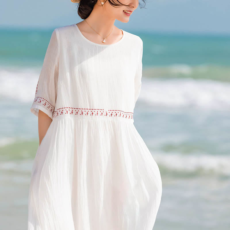 Robe midi en coton à manches courtes et broderies de Buddha Stones de couleur unie - image 15