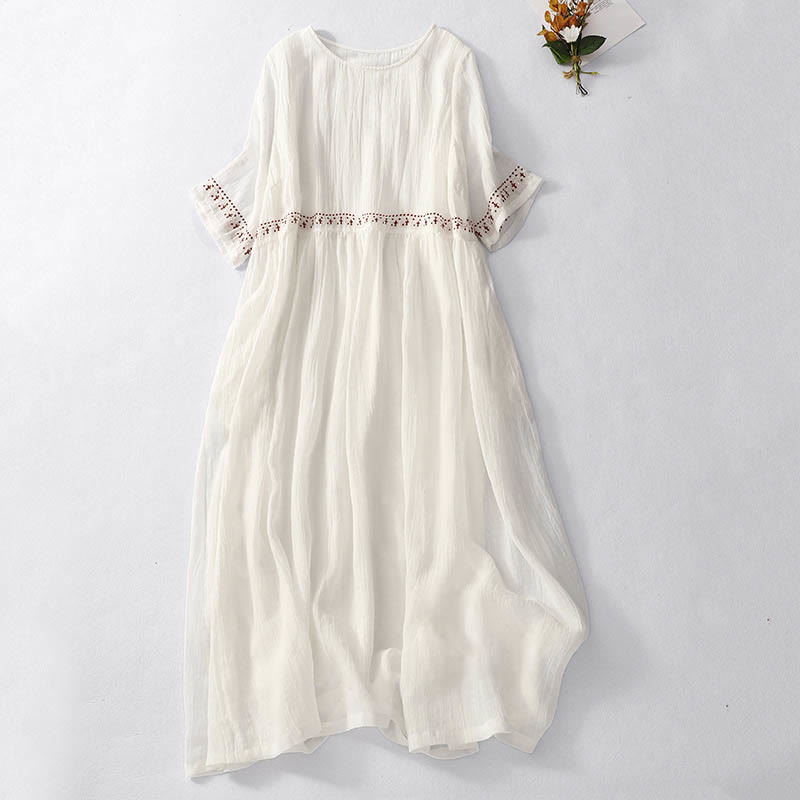 Robe midi en coton à manches courtes et broderies de Buddha Stones de couleur unie - Blanc - US12，UK/AU16，EU44 (2XL) - image 5