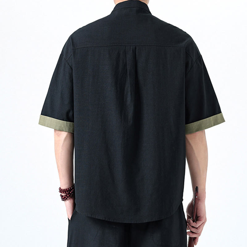 Chemise homme en coton et lin à manches mi-longues et motif grenouille chinoise contrasté avec Buddha Stones